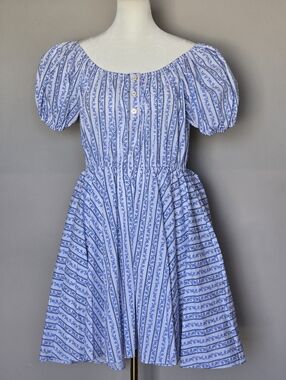 Caroline Constas Bardot Mini Dress Blue and White Puff-Sleeve Boho Resort Vacay